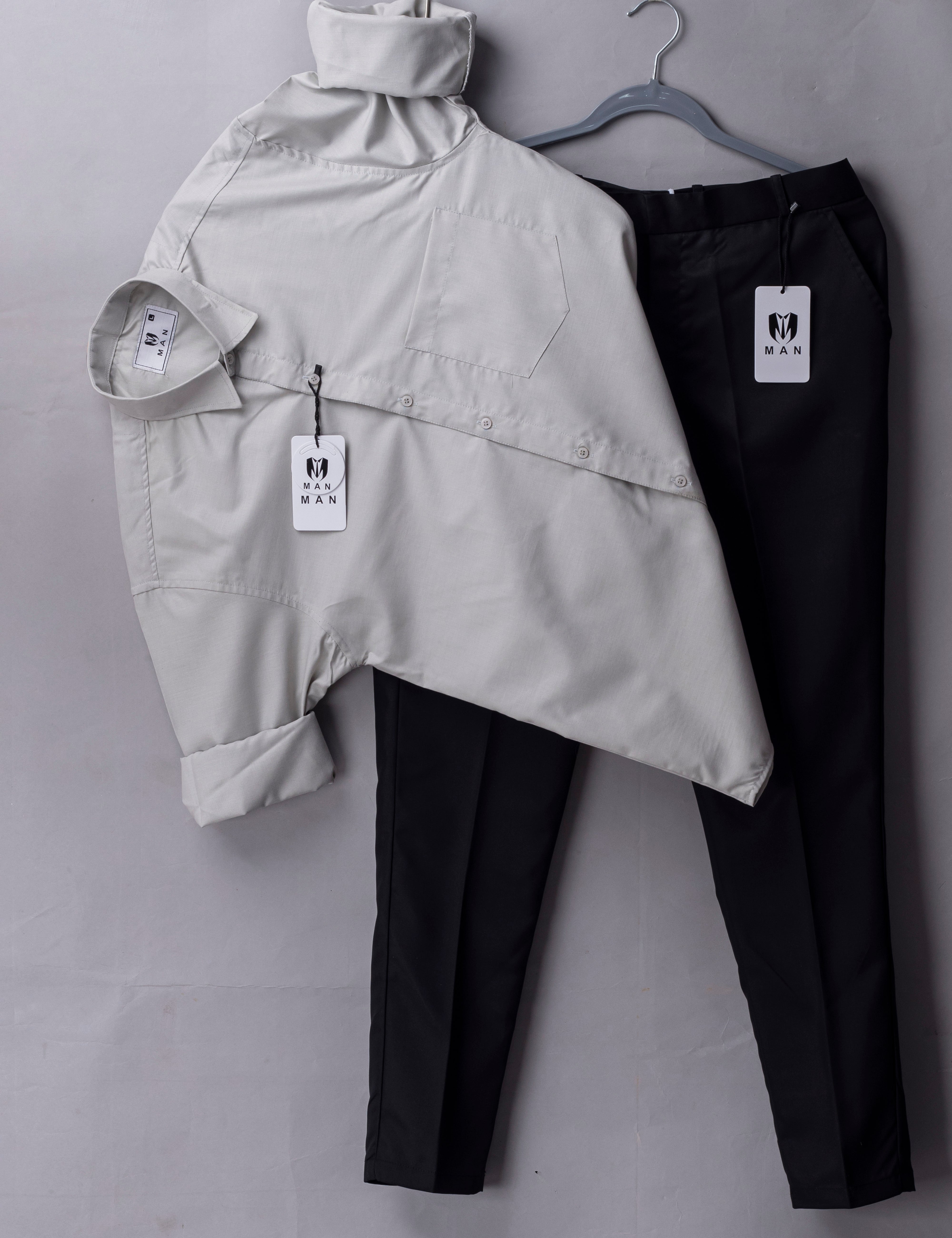 Still Grey Cotton Shirt And Pantone Black Color Trouser (Combo)