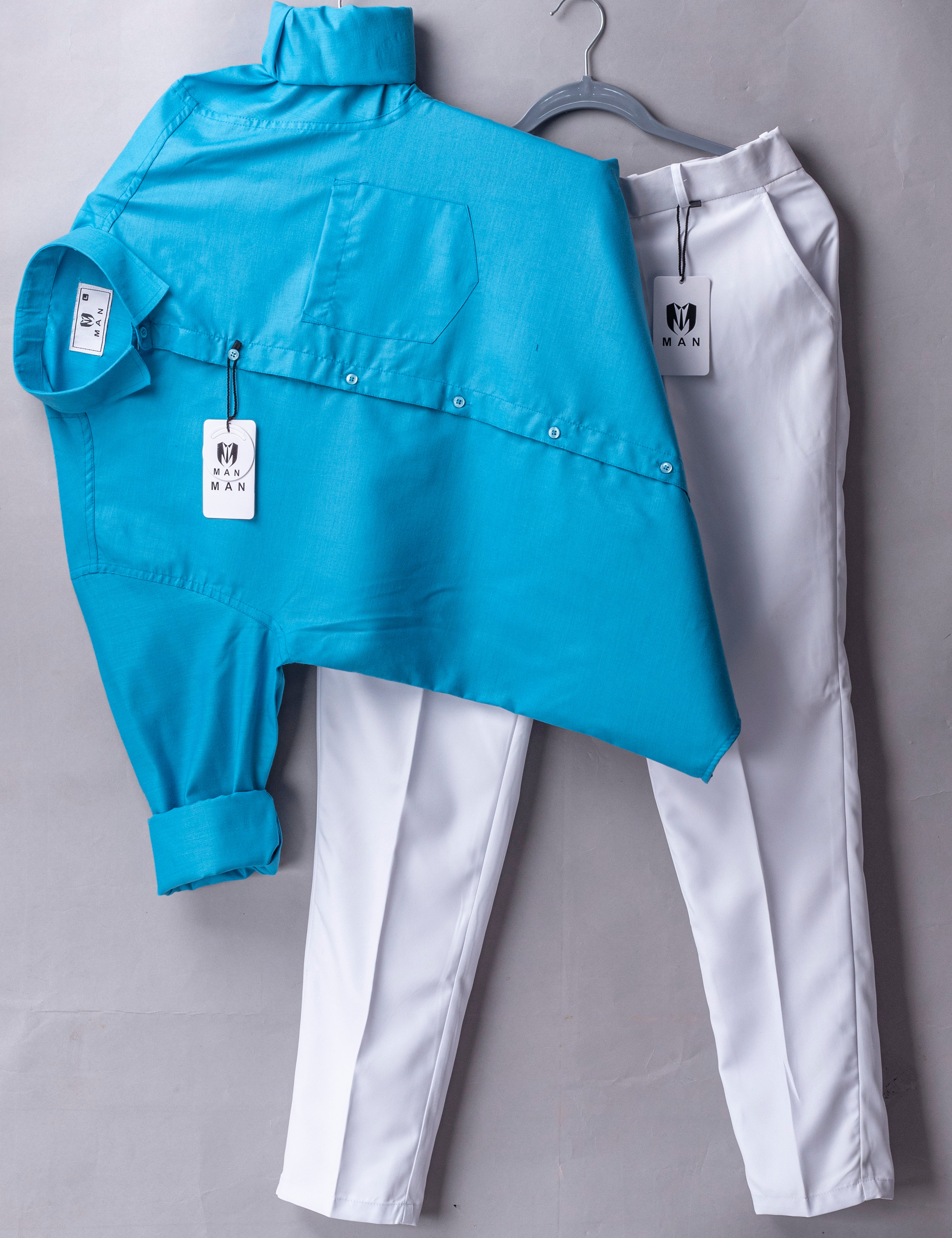 Soft Cornflower Blue Color Cotton Shirt And Pantone White Color Trouser (Combo)